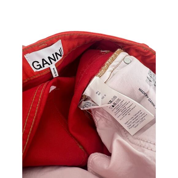 Ganni Colorblock High Rise Denim Shorts in Red/ Orange - Picture 8 of 13